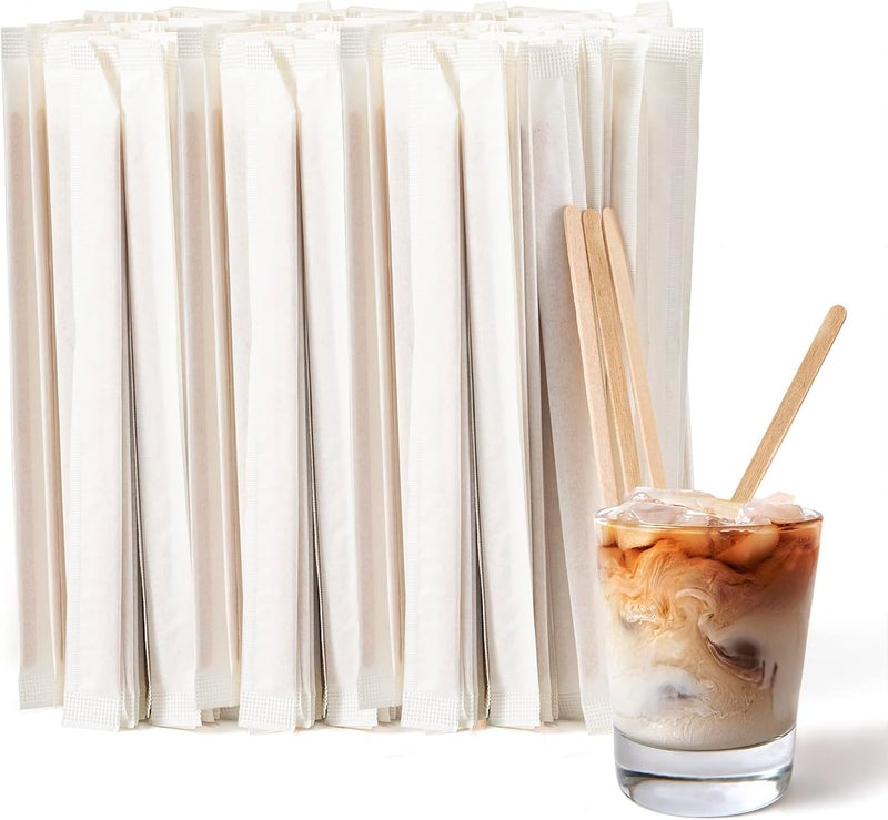 Debecty 500 Pcs Coffee Stirrers 5.5 Inch Wood Coffee Stir Sticks Individually Wrapped Wooden Stir Sticks Disposable Wood Stir Sticks Eco-Friendly Wood Coffee Stir Sticks for Coffee, Cocktail (500 PCS) - Image 1